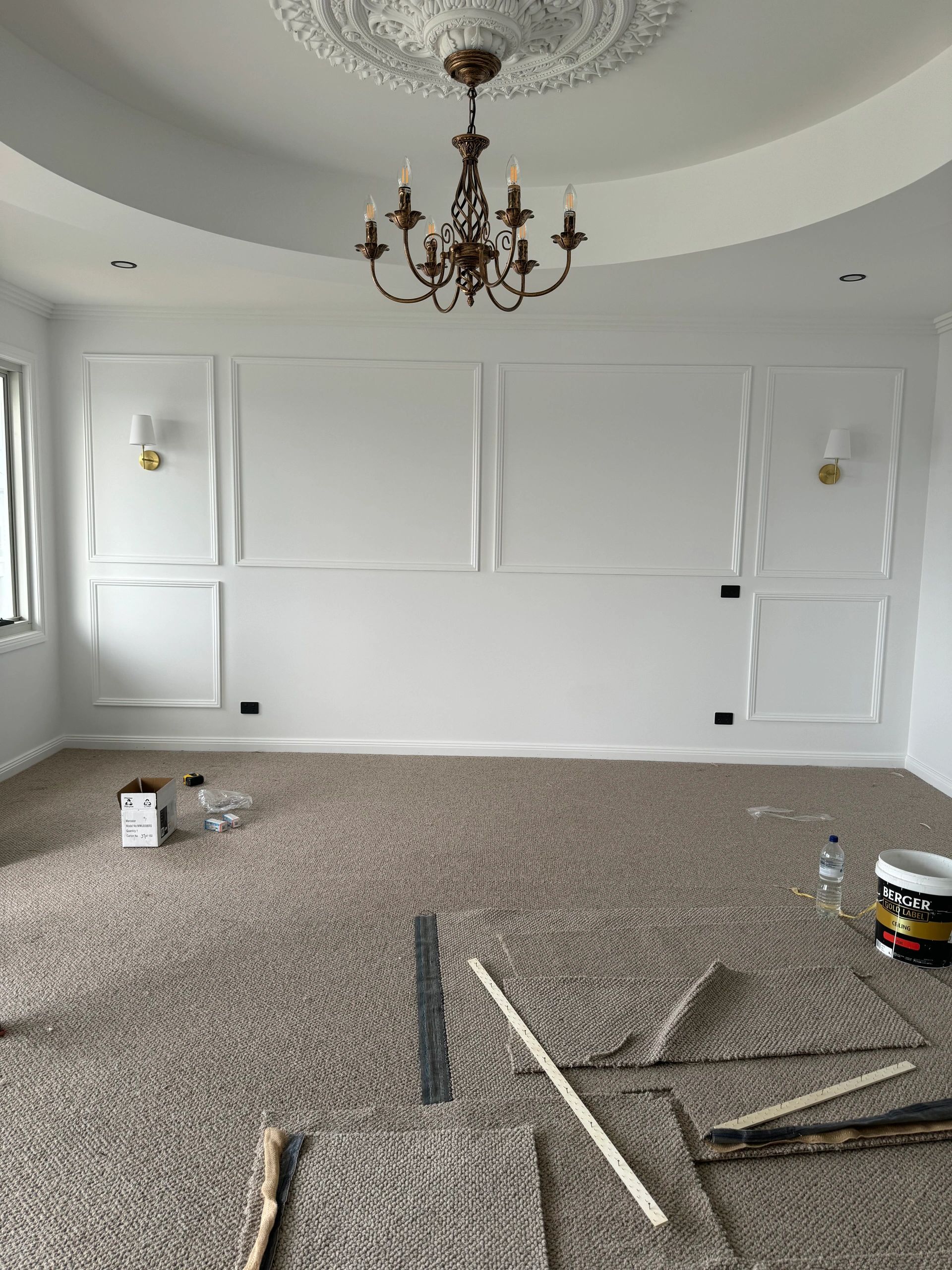 NTX Electrical project — elegant interior with coffered ceiling and chandelier