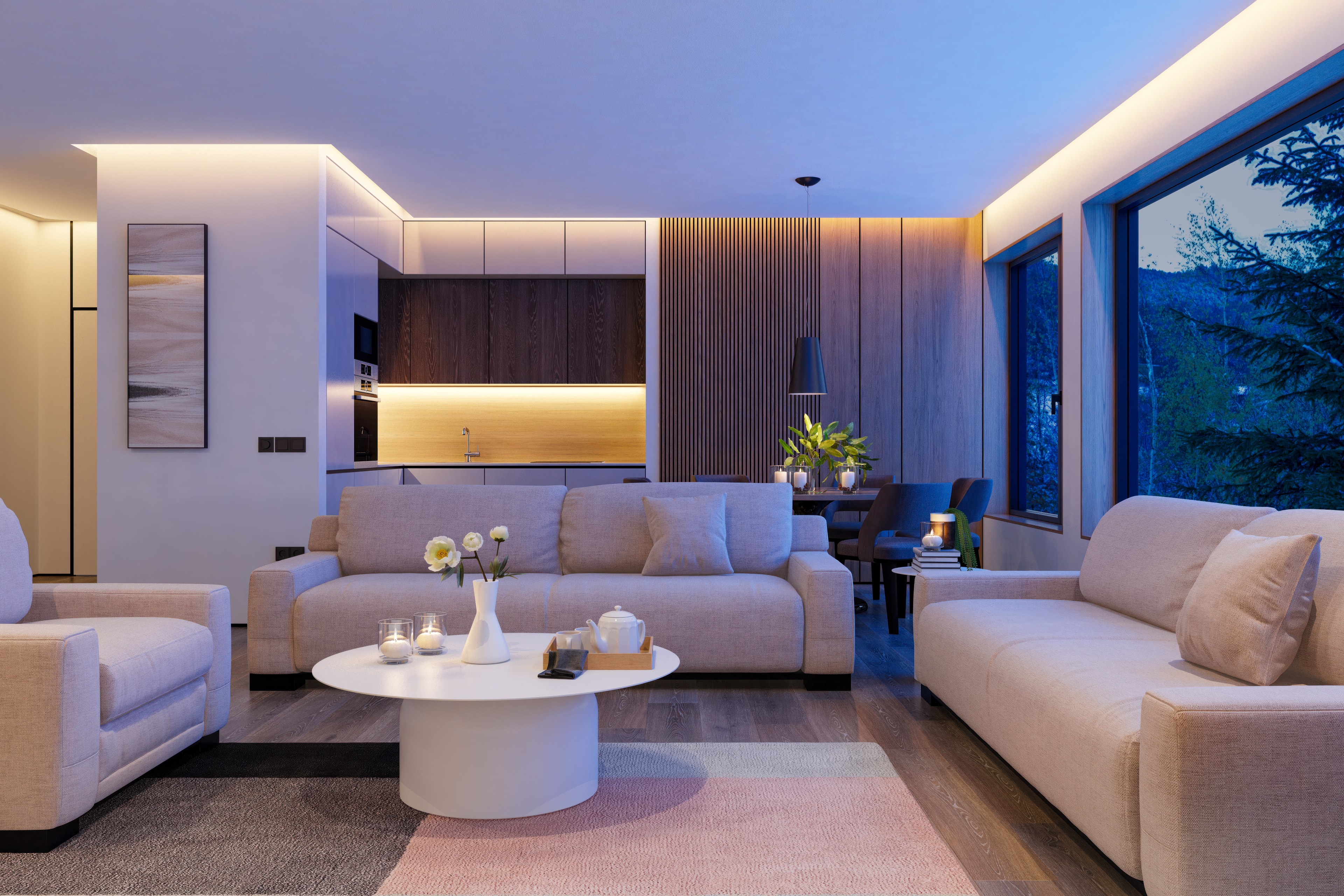 Contemporary living room with warm ambient lighting, timber accents, and modern furnishings at dusk