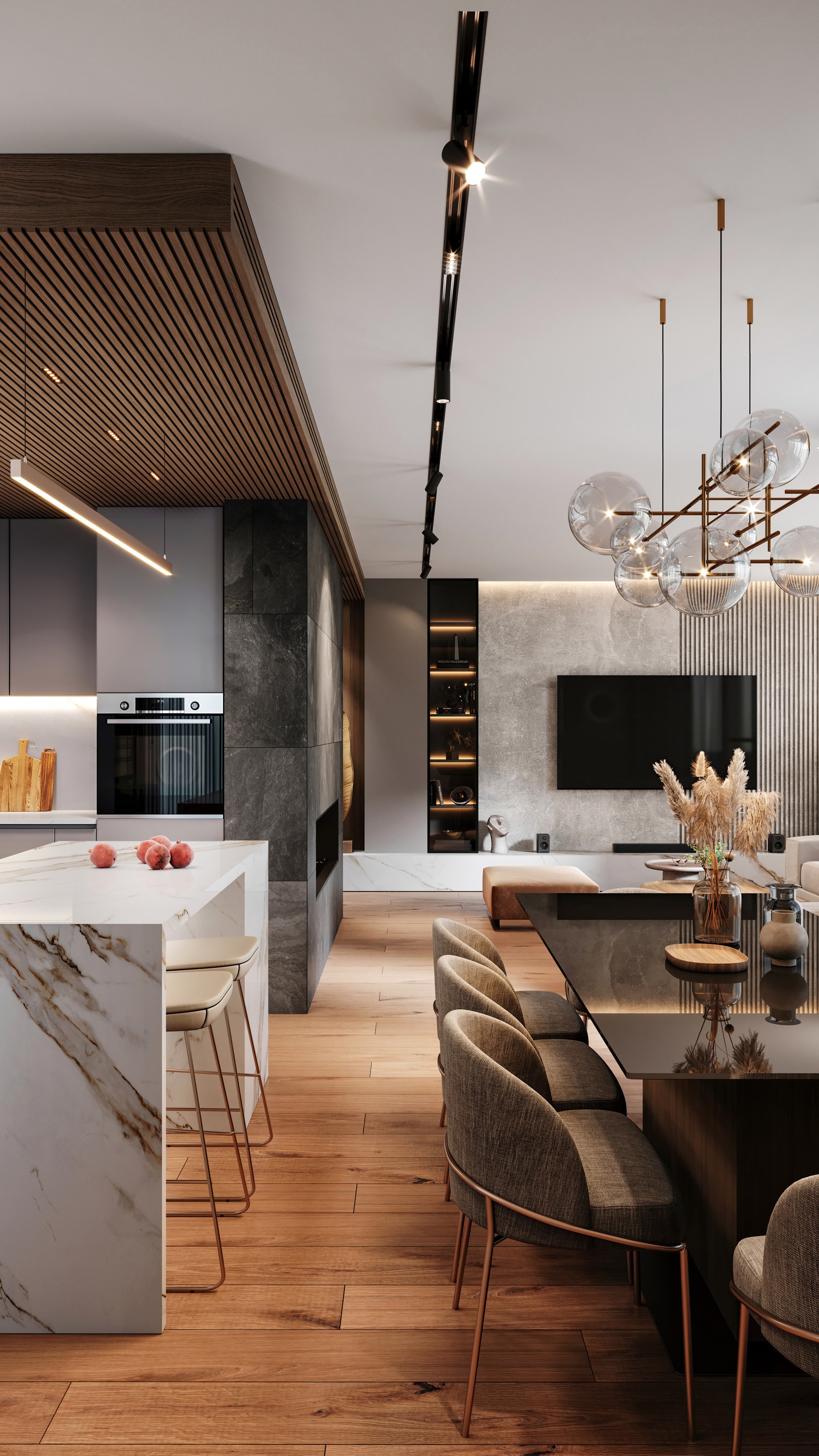 Modern open-plan kitchen and living space with luxury finishes and contemporary architectural lighting