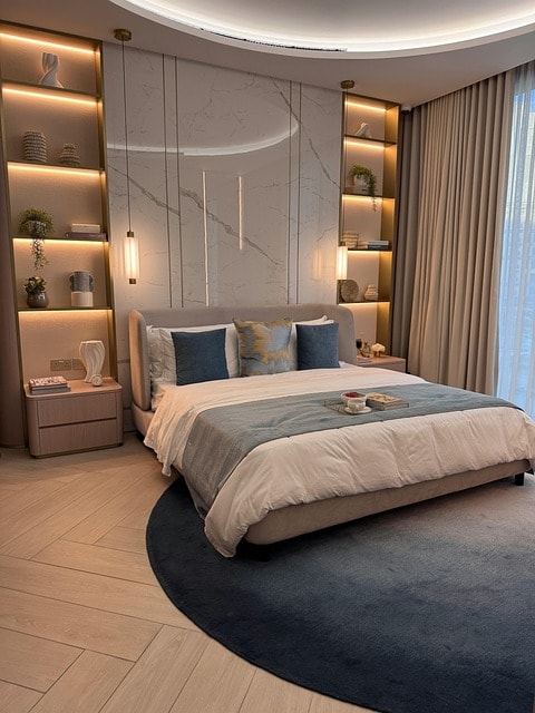 Residential bedroom with integrated ambient lighting